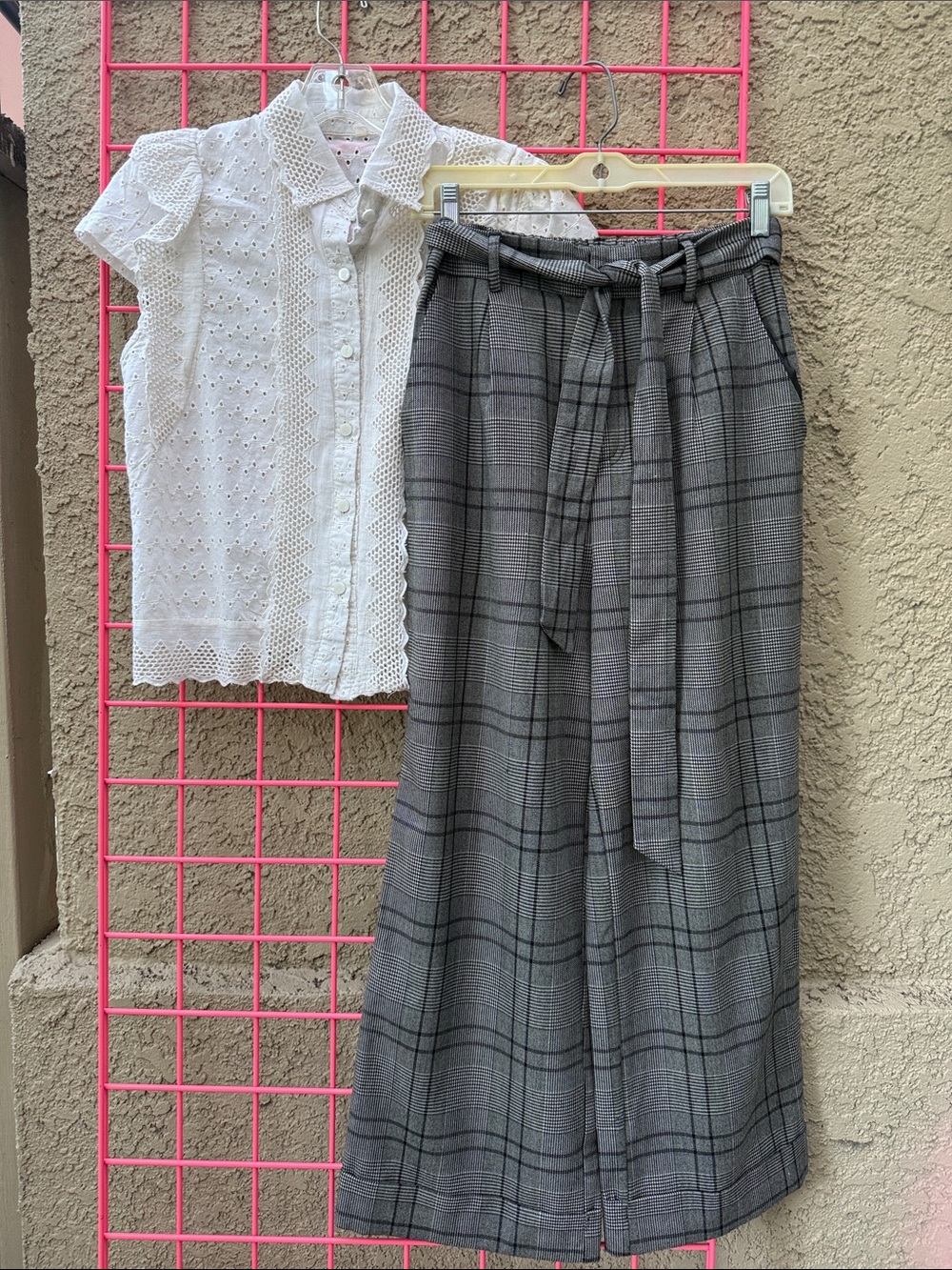 New High-Waist Gray Plaid Tie-Belt Wide Leg multicolored Forever 21 pants